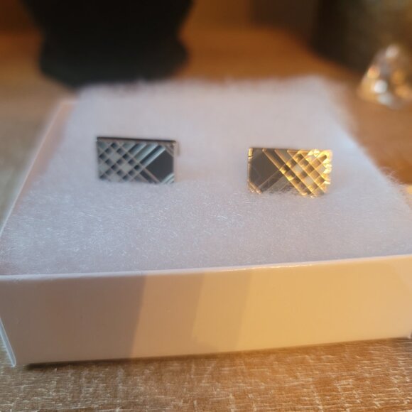 Burberry Men's Enamel Checkblock Cufflinks Rectangle - Gunmetal Gray Black - Picture 3 of 6